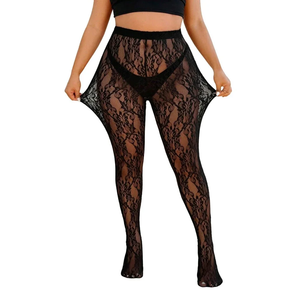 OYOANGLE Women's Black Plus Size Floral Lace High Waisted Pantyhose XL-PLUS
